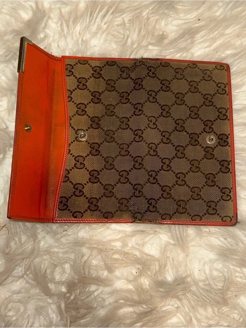 Gucci GG Canvas Long Wallet Orange Leather Metal Bar